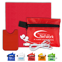 Mobile Tech Earbud Kit with Microfiber Cleaning Cloth and Cell Phone Wallet in Zipper Pouch